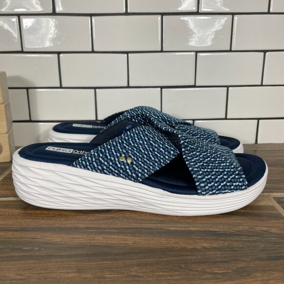 Ryka Nadine Womens Size 8 Shoes Navy Blue Stretch Cross Strap Wedge Slide Sandal - Picture 4 of 14
